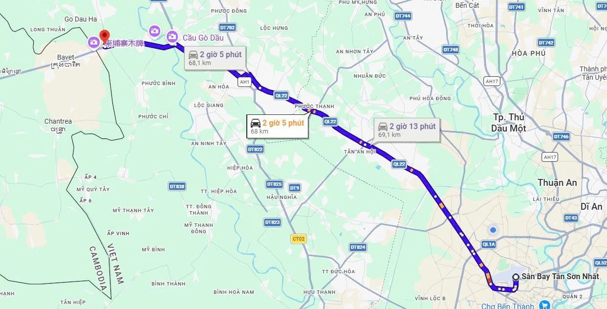 Lộ trình đi cửa khẩu Mộc Bài